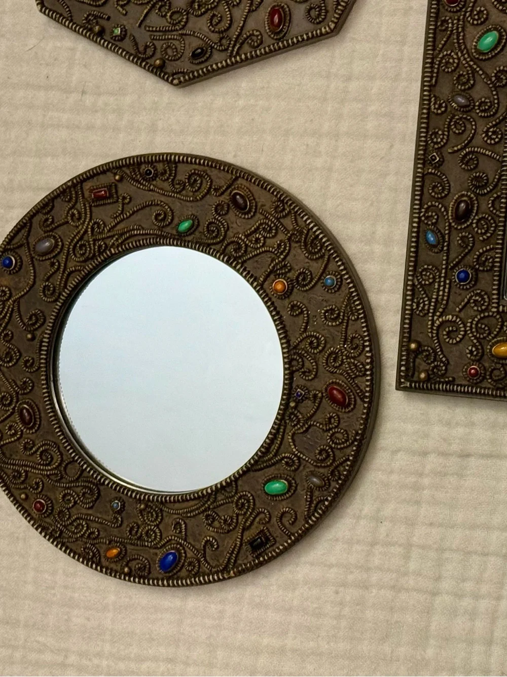 Ornate Bronze Tuscan Multicolor Faux Beaded Accent Decor Wall Mirrors Set Of 3
